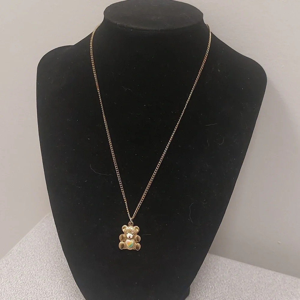 Vintage Gold Toned Teddy Bear Heart Rainbow Belly Pendant  Necklace on Chain